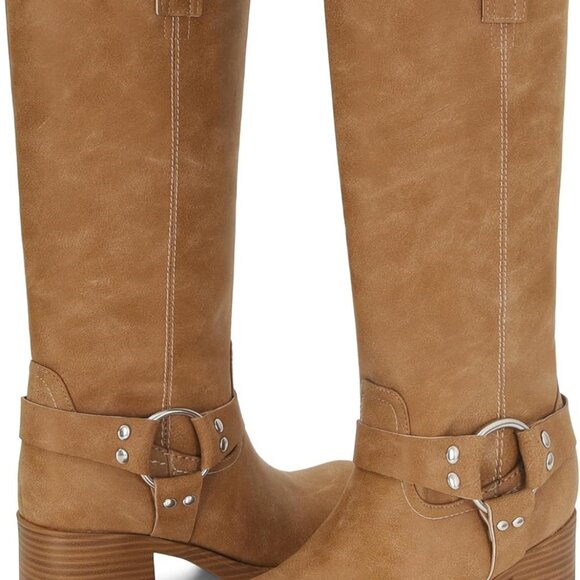 Women's Faux Leather Knee High Riding Boots Wide Calf Block Heel Zipper - Picture 2 of 7